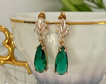 Pendientes Art Decó verde Esmeralda, Pendientes Art Nouveau Cristal Verde, Pendientes Años 20, Pendientes estilo Gatsby, Pendientes vintage