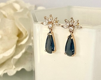 Pendientes Art Déco, Pendientes colgantes azul marino, Pendientes de lágrima cristal mujer, Algo azul, Pendientes oro, Regalo damas de honor