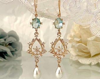 Blue Chandelier Bridal Earrings, Crystal Wedding Earrings, Pearl Bridal Earrings, Something Blue Earrings, Boho Bridal Drop Earrings
