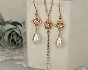 Art Deco Bridal Jewelry Set, Crystal Pearl Lariat Necklace Earrings