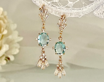 Art Deco Bridal Earrings: Aquamarine Crystal, Zirconia, Gold Plated