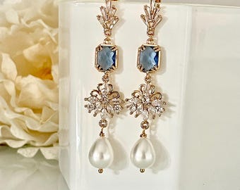 Blue chandelier bridal earrings, crystal wedding earrings pearl bridal earrings, something blue for the bride, and boho bridal drop earrings