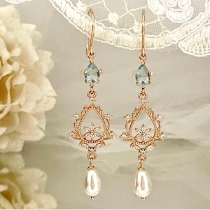Aquamarine Blue Chandelier Bridal Earrings, Crystal Pearl Wedding Jewelry