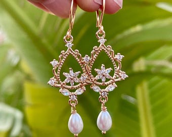 Art Deco Bridal Earrings, Pearl Chandelier Dangle Earrings