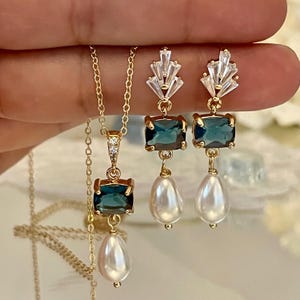 Wedding Jewelry Set, Bridal Jewelry, Art Deco Jewelry for Bride, Pearl Necklace Earrings, Teardrop Earrings, Something Blue, Crystal jewelry