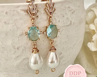 Art Deco Bridal Earrings: Aquamarine Crystal & Pearl, Gold Plated