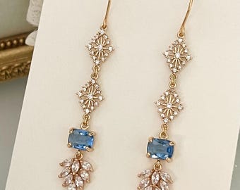 Blue Crystal Bridal Earrings, Gold Plated, Art Deco Wedding