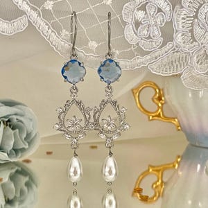 Blue chandelier bridal earrings, crystal wedding earrings pearl bridal earrings, something blue for the bride, and boho bridal drop earrings
