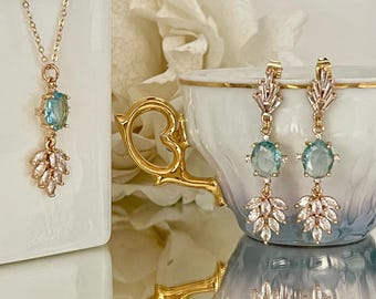 Art Deco Aquamarine Crystal Jewelry Set | Champagne Gold, Bridal