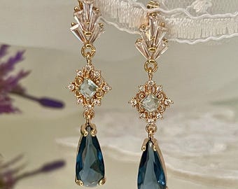 Art Deco Gold Earrings, Navy Blue Pendant Earrings, Crystal Teardrop Earrings, Something Blue Wedding, Stud Earrings, Bridesmaids Gift