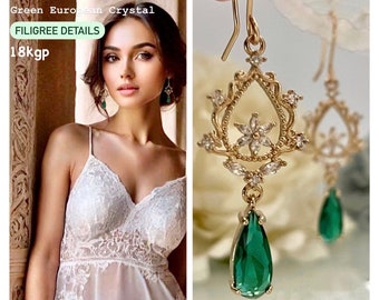 Green art deco earrings, Teardroop green, boho earrings, boho bridal earrings, cubic zirconia earrings, wedding earrings, bridesmaid gift