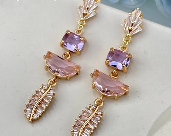 Art Deco Purple & Pink Crystal Earrings: 14k Gold Plated Boho Bridal Jewelry