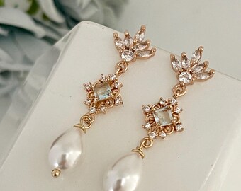 Light Blue Art Deco Bridal Earrings, Pearl Boho Gold Earrings
