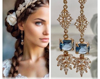 Blue art deco earrings, Something Blue, boho earrings, boho bridal earrings, cubic zirconia earrings, wedding earrings, bridesmaid earrings