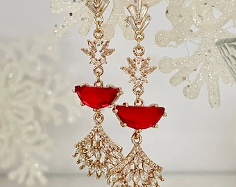 Art Deco Ruby Red Crystal Dangle Earrings, Gold Plated, Zirconia