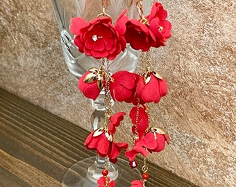 Pendientes declaración Cascada Largos Flores Cristal cadena oro chapado 18k, Pendientes llamativos Candelabro mujer, Pendientes originales