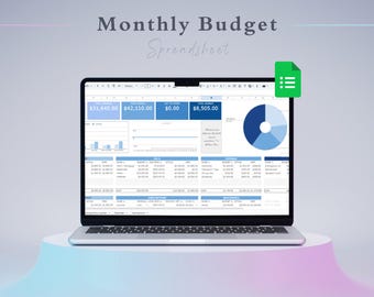 May include: A laptop displaying a monthly budget spreadsheet. The screen shows financial data, charts, and a pie chart. The text "Monthly Budget Spreadsheet" is at the top. A green icon with lines is in the upper right corner.