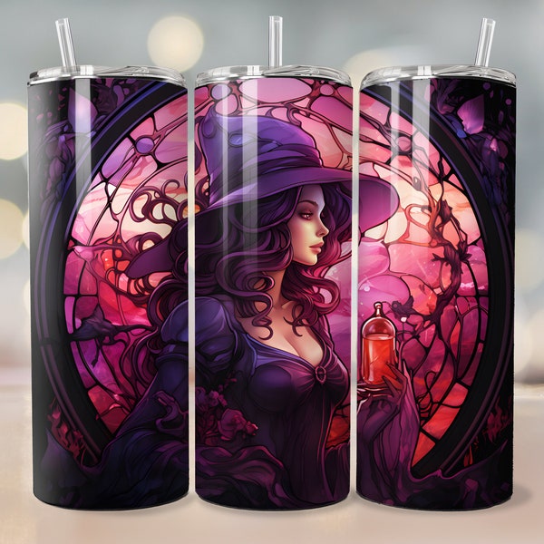 Stained Glass Witch Tumbler 20 oz Skinny Tumbler Sublimation Design Digital Download PNG Instant Digital only, Witch Tumbler Design