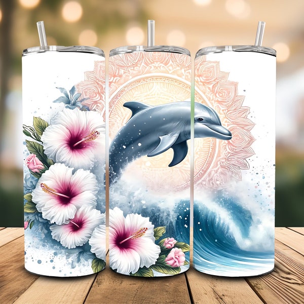 Aquarelle Mandala Dolphin floral Tumbler 20 oz Skinny Tumbler Sublimation Design Digital Download PNG Instant Digital, beach, ocean