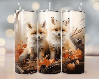 Fall Baby Foxes watercolor Tumbler 20 oz Skinny Tumbler Sublimation Design Digital Download PNG Instant Digital only, Autumn Fox Tumbler