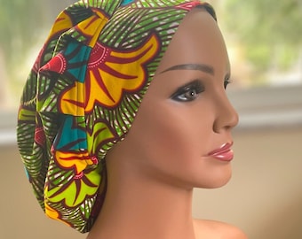 Satin Lined Ankara Scrub Cap, African Print Surgical Hat, Ponytail & Bouffant Cap for Nurses and Healthcare Workers