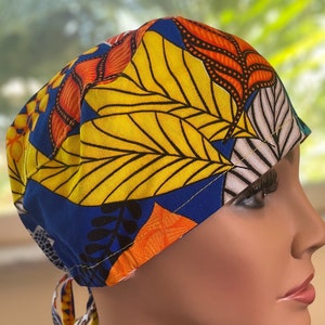 blue floral scrub cap, handmade surgical caps, tie back adjustable fit, OR caps, 100%cotton cap, stylish vibrant colors to protect hair