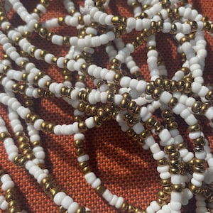 waist beads, tie-on beads, gold and white handmade beads,