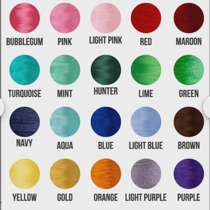 Op de afbeelding: Een garenkaart met een verscheidenheid aan kleuren, waaronder roze, rood, groen, blauw, geel en paars. Elke kleur wordt weergegeven in een cirkel met de kleurnaam eronder. De tekst "Thread Chart" staat bovenaan.