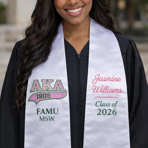 Custom Embroidered Alpha Kappa Alpha Graduation Stole | AKA Sorority Stole Personalized HBCU Grad Stole | Class of 2026 AKA Stole