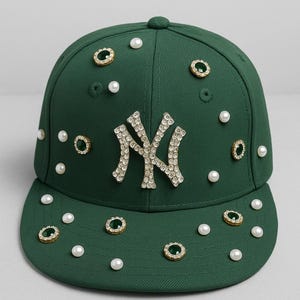 Custom trucker hat, NY hat, embellished hat,snapback with pearls and crystals, fashion hats and accessories