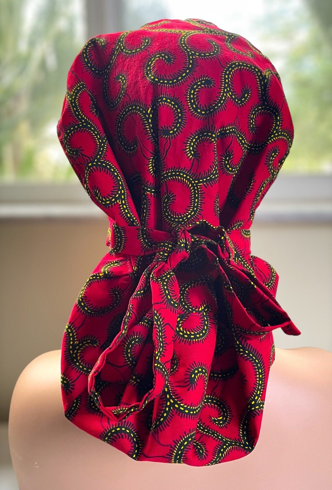 Red Swirl Ponytail Scrub Caps for Women, Satin Lined With Elastic