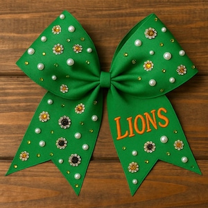 Custom Hair Bows with gems and pearls - Embroidered hair accessories for dance, cheer, pageants, school spirit