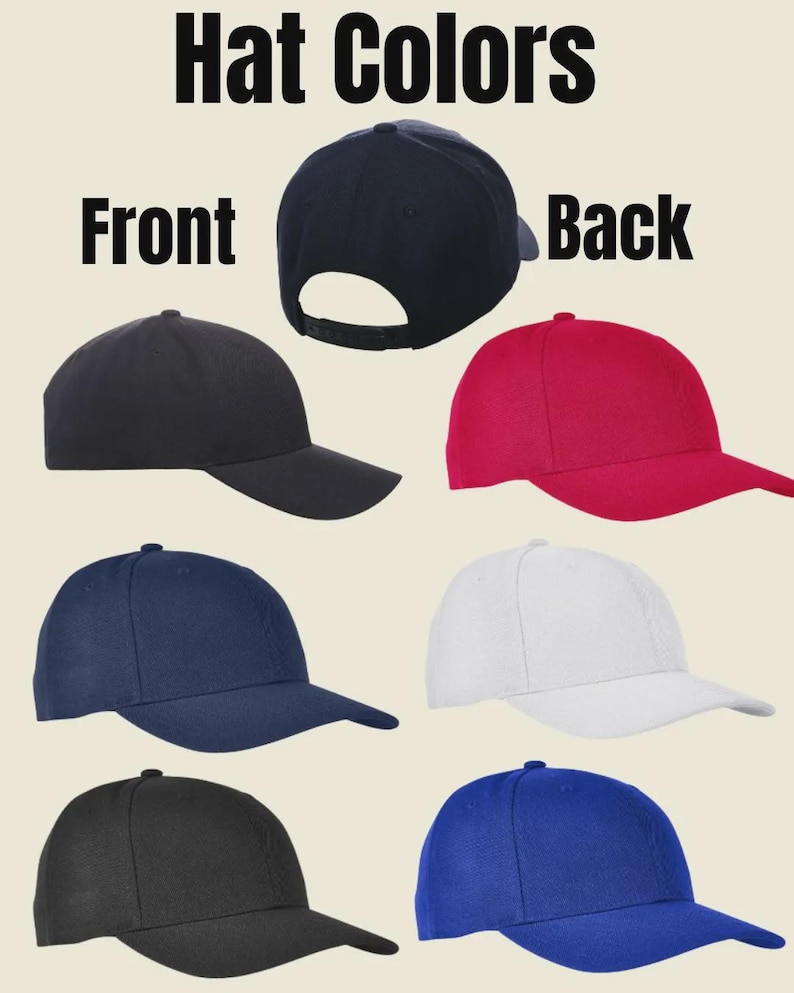 Op de afbeelding: Afbeelding met honkbalpetten in verschillende kleuren. De petten worden getoond in zwart, rood, marineblauw, wit en koningsblauw. De tekst "Hat Colors", "Front" en "Back" is zichtbaar.