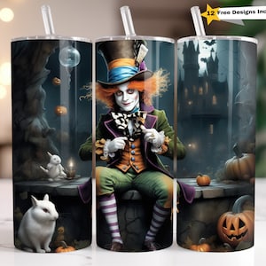 Lindo disfraz de Halloween del Sombrerero Loco Cazado Spook House Tumbler Wrap para 20 OZ Flaco Recto Vaso Diseño de sublimación PNG Descarga digital