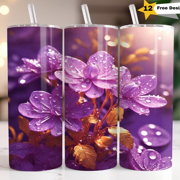 Beautiful Purple Flowers Dew Drops Gold Leave Artwork Tumbler Wrap for 20 OZ Skinny Straight Tumbler Sublimation Design PNG Digital Download