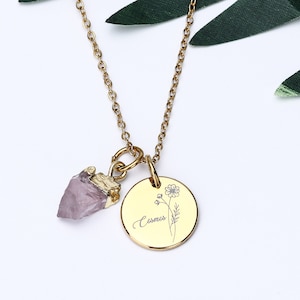 Collar de cristal, regalo para un amigo, collar personalizado con disco de flor de nacimiento en bruto, joyería de cristal espiritual personalizada para cumpleaños