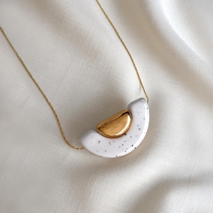 Half-Moon Ceramic Necklace – White Speckled with Colour Options | Handmade, Geometric Pendant, Adjustable Chain, Gift-Ready