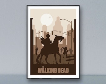 May include: A brown and beige minimalist poster with a silhouette of a person riding a horse through a city. The text "THE WALKING DEAD" is at the bottom of the poster.