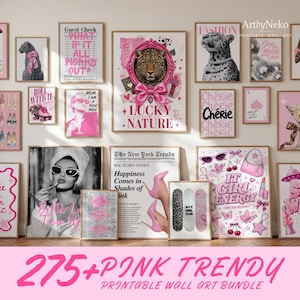 May include: A collection of wall art prints featuring pink and black themes, including illustrations of leopards, high heels, roller skates, martinis, and text-based graphics like Lucky By Nature, Chérie, and It Girl Energy displayed on a wall.