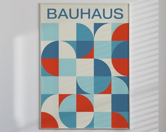 Bauhaus Geometric Design Printable Wall Art Exhibition Poster, White, Blue, Red, Bauhaus Printable Art, Bauhaus Prints, Wall Decor, Art