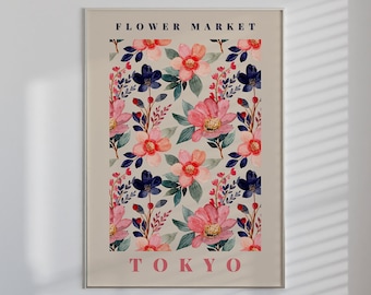 Tokyo Flower Market Print, Retro Floral Poster, Botanical Illustration, Boho Flowers, Pink Floral Printable Wall Art