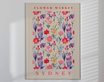 Sydney Flower Market Print, Retro Floral Poster, Botanical Illustration, Boho Flowers, Floral Printable Wall Art