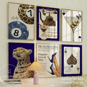 Navy Blue Glam Wall Art Set of 6 – Leopard Print Posters, Dorm Room Decor, Old Money Aesthetic, Femme Fatale Gallery, Retro Coquette Vibe