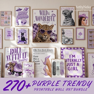 May include: A collection of purple-themed wall art prints featuring various illustrations including a leopard wearing heart-shaped glasses, roller skates, high heels, a black cat, and text such as Wild & Wonderful, Stay Weird, and I'm Literally Just A Girl.