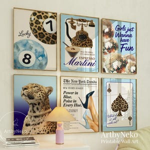 Navy Blue Leopard Fashion Wall Art Set of 6, Glam Printable Decor, Modern Feminine Gallery Wall, Y2K Dorm Posters, Trendy Coquette Prints