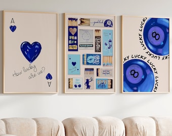 Lot de 3 imprimés allumettes bleus, impression porte-bonheur, affiche vintage boîte d'allumettes, allumettes tendance, affiche allumettes rétro, chariot de bar rétro, porte-bonheur