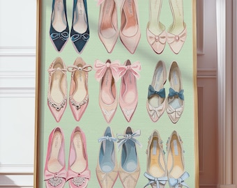Vintage Heels Print, Green Fashion Wall Art, Girly Bedroom Decor, Preppy Aesthetic Poster, Above Bed Art, Feminine Dorm Art, Coquette Print