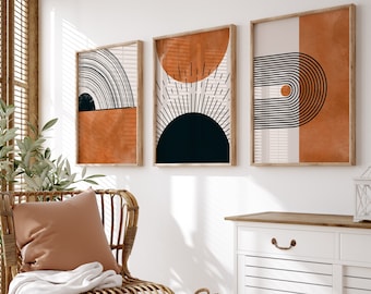 Set of 3 Mid Century Wall Art Prints, Boho Arch Art Prints, Abstract Neutral Modern Art, Digital Printable Art, Black, Terracota, Rainbow