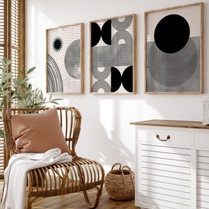 Set of 3 Mid Century Wall Art Prints, Boho Arch Art Prints, Abstract Neutral Modern Art, Digital Printable Art, Black, Grey, Rainbow