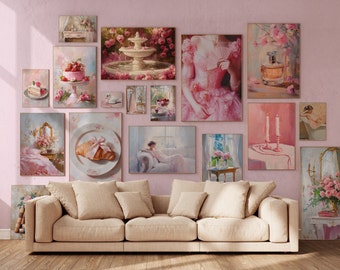 Coquette Gallery Wall Set of 18, Romantic Oil Painting, Vintage Style Designs, Feminine Art Prints, Cottagecore Pastel Pink Room Decor